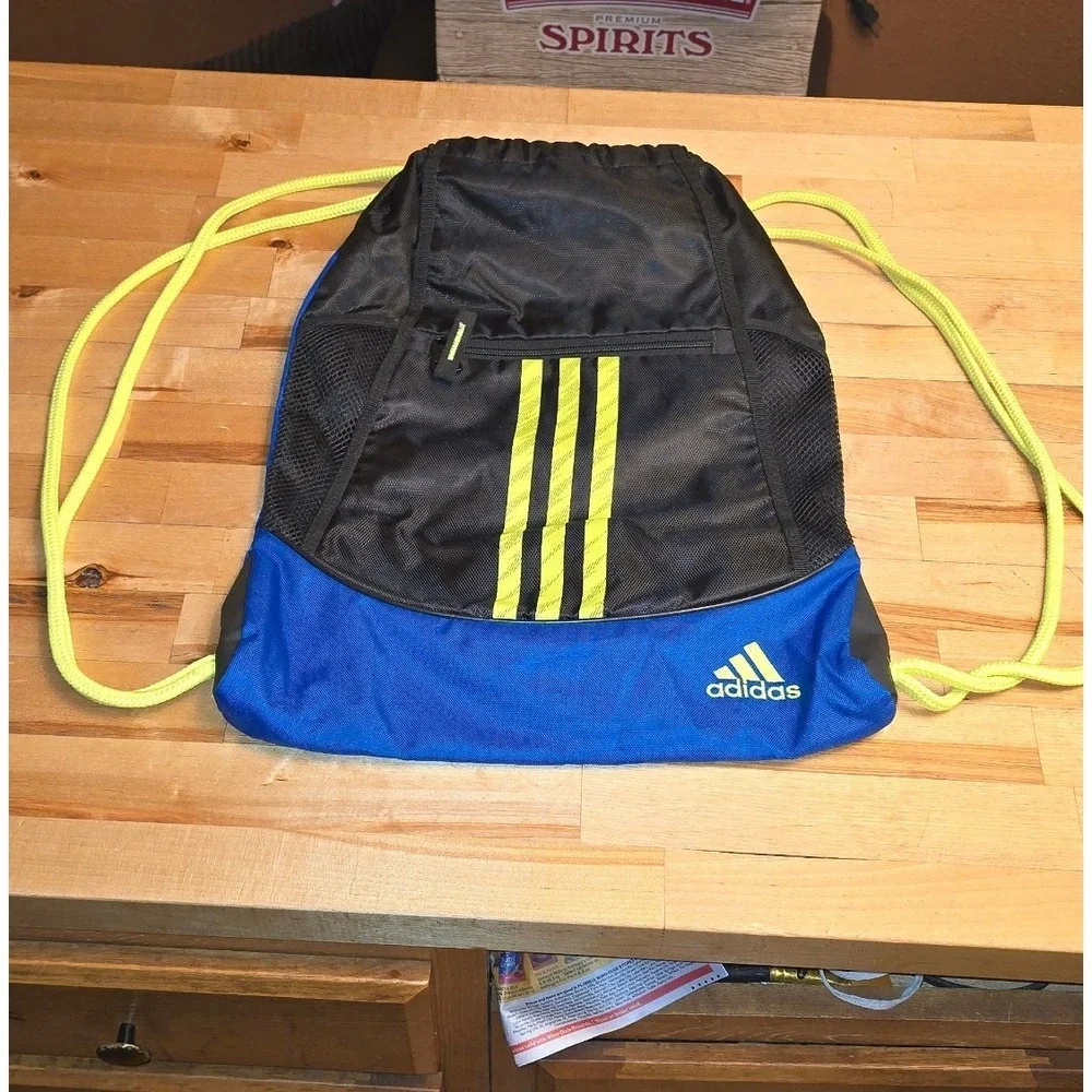 Adidas Drawstring Gym Bag Blue Black‎ Neon Yellow Cinch Sack 104148-K